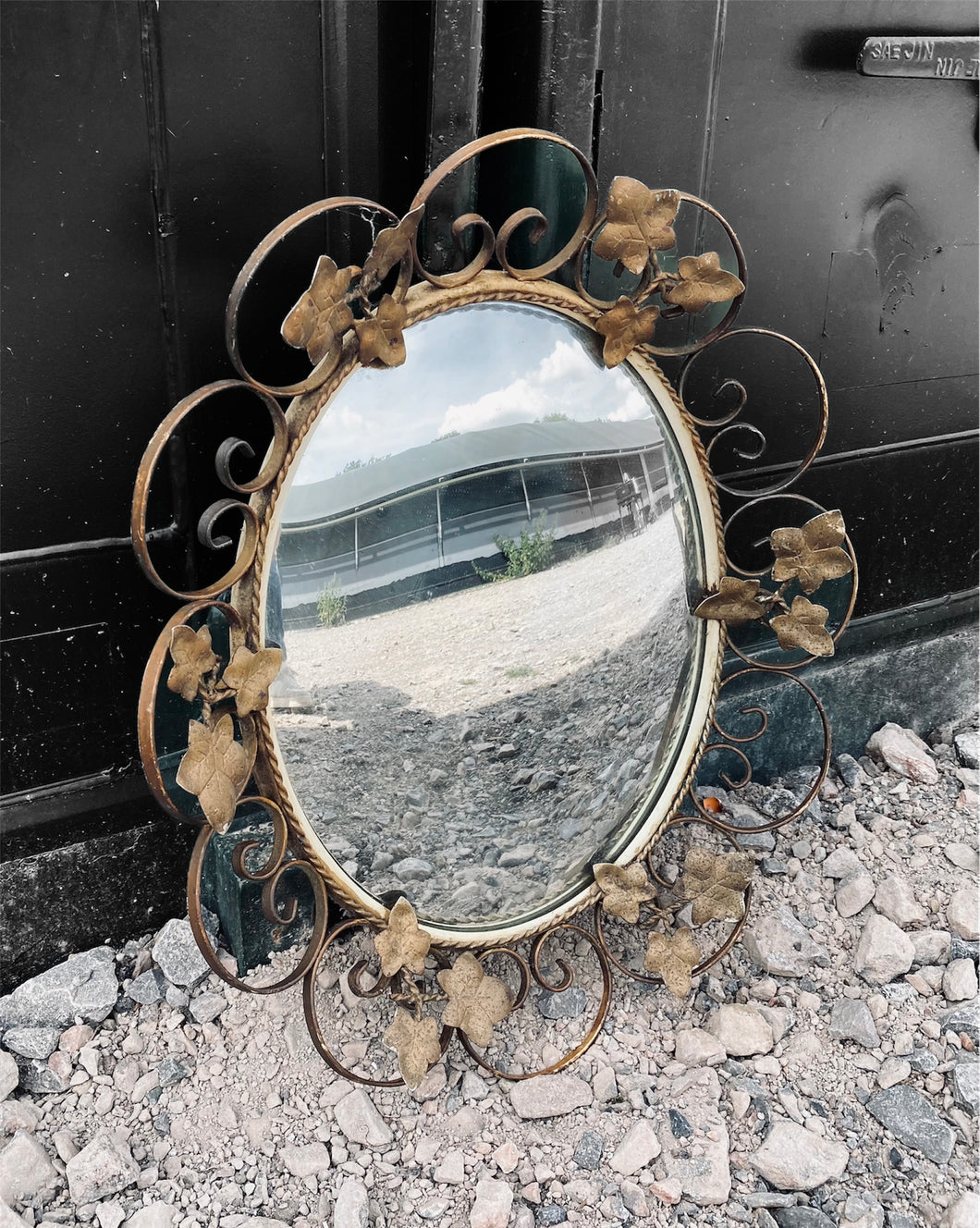ANTIQUE 19TH CENTURY FRENCH GILT METAL WALL MIRROR, c1900