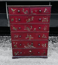 Load image into Gallery viewer, ANTIQUE 19th CENTURY ORNATE RED CHINOISERIE TALL CHEST OF DRAWERS, c1900
