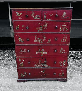 ANTIQUE 19th CENTURY ORNATE RED CHINOISERIE TALL CHEST OF DRAWERS, c1900