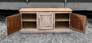 EARLY 20th CENTURY FRENCH ORNATE ORIGINAL PAINTED OAK 3 DOOR SIDEBOARD, c1930