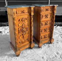 Load image into Gallery viewer, ANTIQUE 19TH CENTURY FRENCH PAIR OF ORNATE CARVED OAK &amp; MARBLE TOPPED BEDSIDE TABLES, c1900
