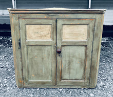 Load image into Gallery viewer, LARGE ANTIQUE 19TH CENTURY FRENCH ORNATE RUSTIC PAINTED PINE CORNER CUPBOARD, C1900
