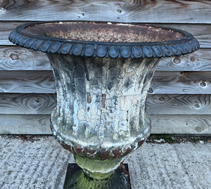 LARGE ANTIQUE 19TH CENTURY FRENCH ORNATE ORIGINAL PAINTED PATINA CAST IRON URN, C1900