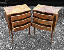 Load image into Gallery viewer, ANTIQUE 20th CENTURY FRENCH ORNATE PAIR OF MARBLE TOPPED BEDSIDE TABLES, c1920
