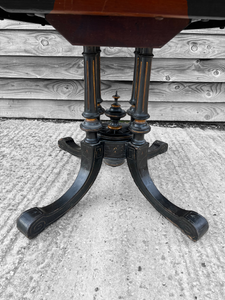 ANTIQUE 19TH CENTURY FRENCH EBONISED INLAID TILT TOP CENTRE TABLE, c1900