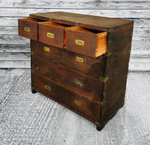 Load image into Gallery viewer, ANTIQUE 19TH CENTURY ANGLO INDIAN MAHOGANY MILITARY CAMPAIGN CHEST OF DRAWERS, C1900
