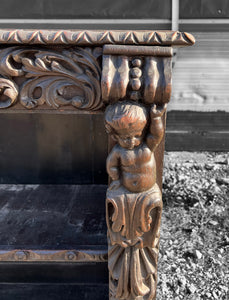 LARGE ANTIQUE 19TH CENTURY FRENCH EBONISED ORNATE CARVED OAK OPEN BOOKCASE, C1880