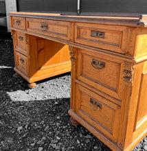 Load image into Gallery viewer, LARGE ANTIQUE 19TH CENTURY FRENCH ORNATE RUSTIC PINE &amp; LEATHER TOPPED DESK, C1900
