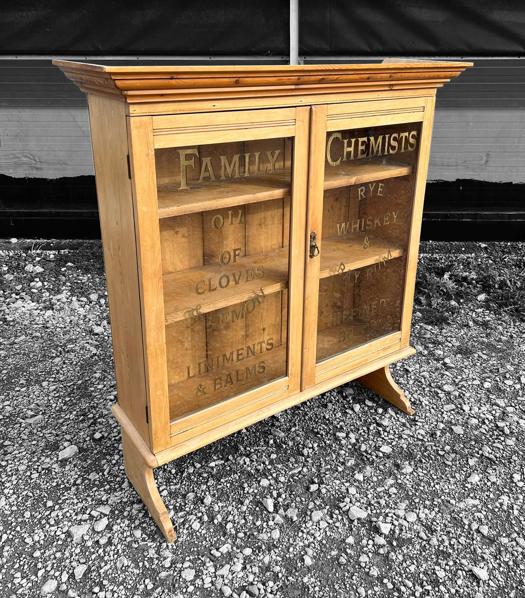 ANTIQUE 19TH CENTURY PINE APOTHECARY STYLE GLAZED DISPLAY CABINET, C1900