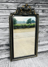 Load image into Gallery viewer, ANTIQUE 19TH CENTURY FRENCH ORNATE BLACK &amp; GOLD OVERMANTLE WALL MIRROR, C1900

