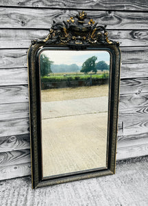 ANTIQUE 19TH CENTURY FRENCH ORNATE BLACK & GOLD OVERMANTLE WALL MIRROR, C1900