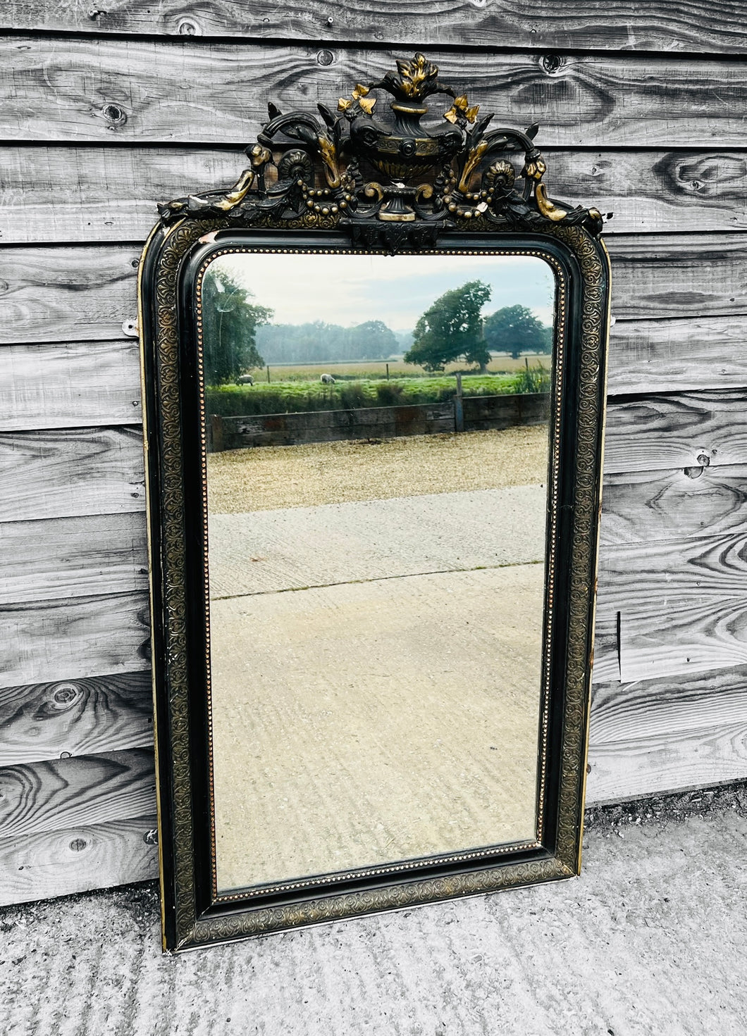 ANTIQUE 19TH CENTURY FRENCH ORNATE BLACK & GOLD OVERMANTLE WALL MIRROR, C1900