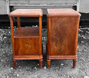 ANTIQUE 19TH CENTURY FRENCH PAIR OF MAHOGANY ORMOLU MOUNTED & MARBLE TOPPED BEDSIDE TABLES, c1900