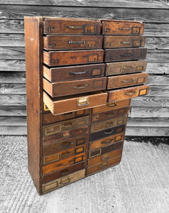 ANTIQUE 19TH CENTURY TALL RUSTIC PINE FILING CABINET WITH 30 DRAWERS, C1900