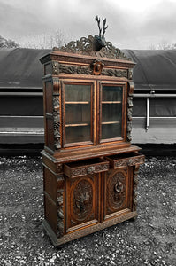 ANTIQUE 19th CENTURY FRENCH ORNATE CARVED OAK & GLAZED DRESSER, c1900