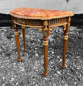 20th CENTURY FRENCH ORNATE MAHOGANY GILT & MARBLE TOPPED CONSOLE TABLE, c1940