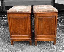 Load image into Gallery viewer, ANTIQUE 20th CENTURY FRENCH PAIR OF ORNATE OAK &amp; MARBLE TOPPED BEDSIDE TABLES, c1920
