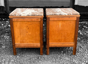 ANTIQUE 20th CENTURY FRENCH PAIR OF ORNATE OAK & MARBLE TOPPED BEDSIDE TABLES, c1920