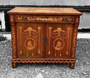 ANTIQUE 19TH CENTURY DUTCH ORNATE MARQUETRY INLAID CUPBOARD, C1800