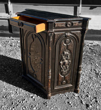 Load image into Gallery viewer, ANTIQUE 19TH CENTURY FRENCH ORNATE EBONISED OAK SIDEBOARD CUPBOARD, C1900
