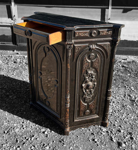 ANTIQUE 19TH CENTURY FRENCH ORNATE EBONISED OAK SIDEBOARD CUPBOARD, C1900