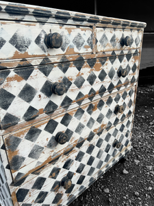 ANTIQUE 19th CENTURY ENGLISH PINE HARLEQUIN STYLE PAINTED CHEST OF DRAWERS, c1900