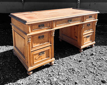 Load image into Gallery viewer, LARGE ANTIQUE 19TH CENTURY FRENCH ORNATE RUSTIC PINE &amp; LEATHER TOPPED DESK, C1900
