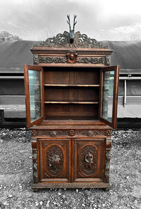 ANTIQUE 19th CENTURY FRENCH ORNATE CARVED OAK & GLAZED DRESSER, c1900