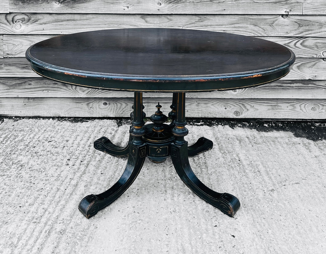ANTIQUE 19TH CENTURY FRENCH EBONISED INLAID TILT TOP CENTRE TABLE, c1900