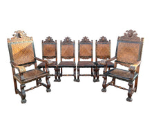 Load image into Gallery viewer, ANTIQUE 19th CENTURY SET OF 6 SPANISH OAK &amp; EMBOSSED LEATHER DINING CHAIRS, c1900
