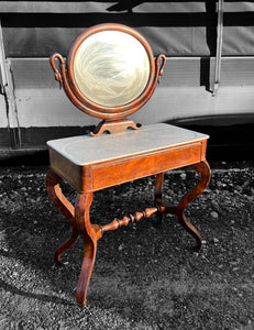 ANTIQUE 19th CENTURY FRENCH ORNATE FLAMED MAHOGANY & MARBLE TOPPED DRESSING TABLE, c1900