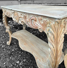 Load image into Gallery viewer, ANTIQUE 20TH CENTURY FRENCH ORNATE CARVED LIMED OAK CONSOLE TABLE, C1920
