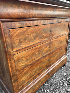 ANTIQUE 19TH CENTURY FRENCH  FLAMED MAHOGANY & MARBLE TOPPED COMMODE, c1900