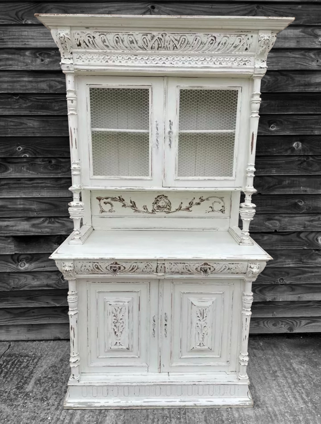 ANTIQUE 19TH CENTURY FRENCH ORNATE CARVED SHABBY PAINTED DRESSER, C1900