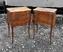 Load image into Gallery viewer, ANTIQUE 20th CENTURY FRENCH ORNATE PAIR OF MARBLE TOPPED BEDSIDE TABLES, c1920
