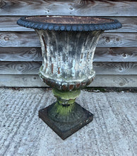 Load image into Gallery viewer, LARGE ANTIQUE 19TH CENTURY FRENCH ORNATE ORIGINAL PAINTED PATINA CAST IRON URN, C1900
