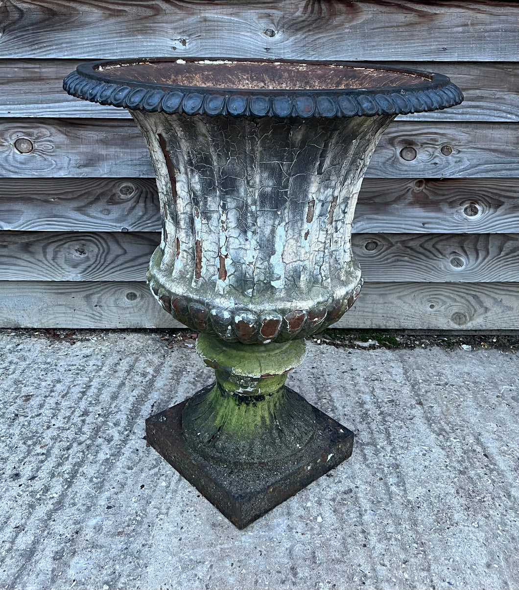 LARGE ANTIQUE 19TH CENTURY FRENCH ORNATE ORIGINAL PAINTED PATINA CAST IRON URN, C1900