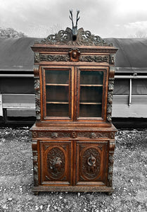 ANTIQUE 19th CENTURY FRENCH ORNATE CARVED OAK & GLAZED DRESSER, c1900