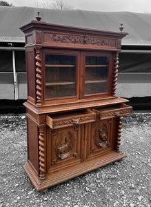 ANTIQUE 19th CENTURY FRENCH ORNATE CARVED OAK & GLAZED DRESSER, c1900