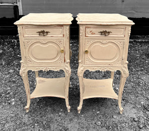 ANTIQUE 19th CENTURY FRENCH PAIR OF ORNATE PAINTED BEDSIDE TABLES, c1900