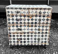 Load image into Gallery viewer, ANTIQUE 19th CENTURY ENGLISH PINE HARLEQUIN STYLE PAINTED CHEST OF DRAWERS, c1900
