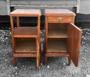 ANTIQUE 19TH CENTURY FRENCH PAIR OF MAHOGANY ORMOLU MOUNTED & MARBLE TOPPED BEDSIDE TABLES, c1900