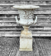 Load image into Gallery viewer, ANTIQUE LARGE 20TH CENTURY FRENCH ORNATE TWIN HANDLED STONE URN ON PEDESTAL BASE, C1920
