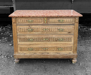 ANTIQUE 19th CENTURY FRENCH BLEACHED OAK & MARBLE TOPPED CHEST OF DRAWERS, c1900