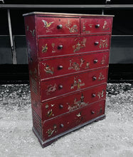 Load image into Gallery viewer, ANTIQUE 19th CENTURY ORNATE RED CHINOISERIE TALL CHEST OF DRAWERS, c1900
