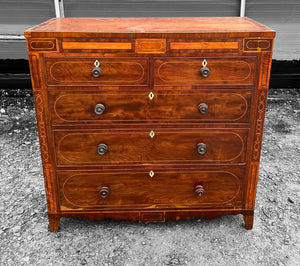 ANTIQUE 19th CENTURY ENGLISH FLAMED MAHOGANY & INLAID CHEST OF DRAWERS, c1900