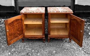 ANTIQUE 20th CENTURY FRENCH PAIR OF ORNATE OAK & MARBLE TOPPED BEDSIDE TABLES, c1920