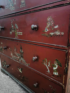 ANTIQUE 19th CENTURY ORNATE RED CHINOISERIE TALL CHEST OF DRAWERS, c1900