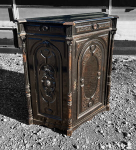 ANTIQUE 19TH CENTURY FRENCH ORNATE EBONISED OAK SIDEBOARD CUPBOARD, C1900