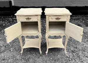 ANTIQUE 19th CENTURY FRENCH PAIR OF ORNATE PAINTED BEDSIDE TABLES, c1900